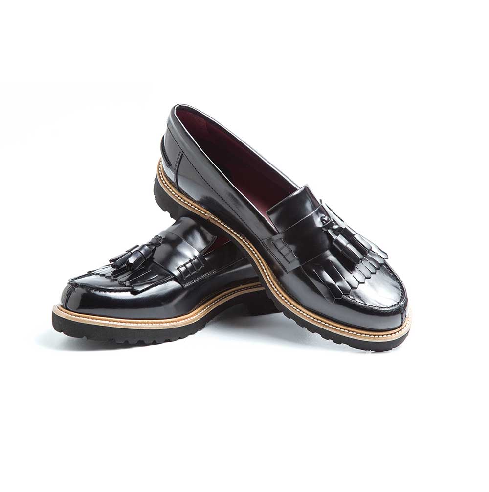 Black leather tassel loafers for women 
