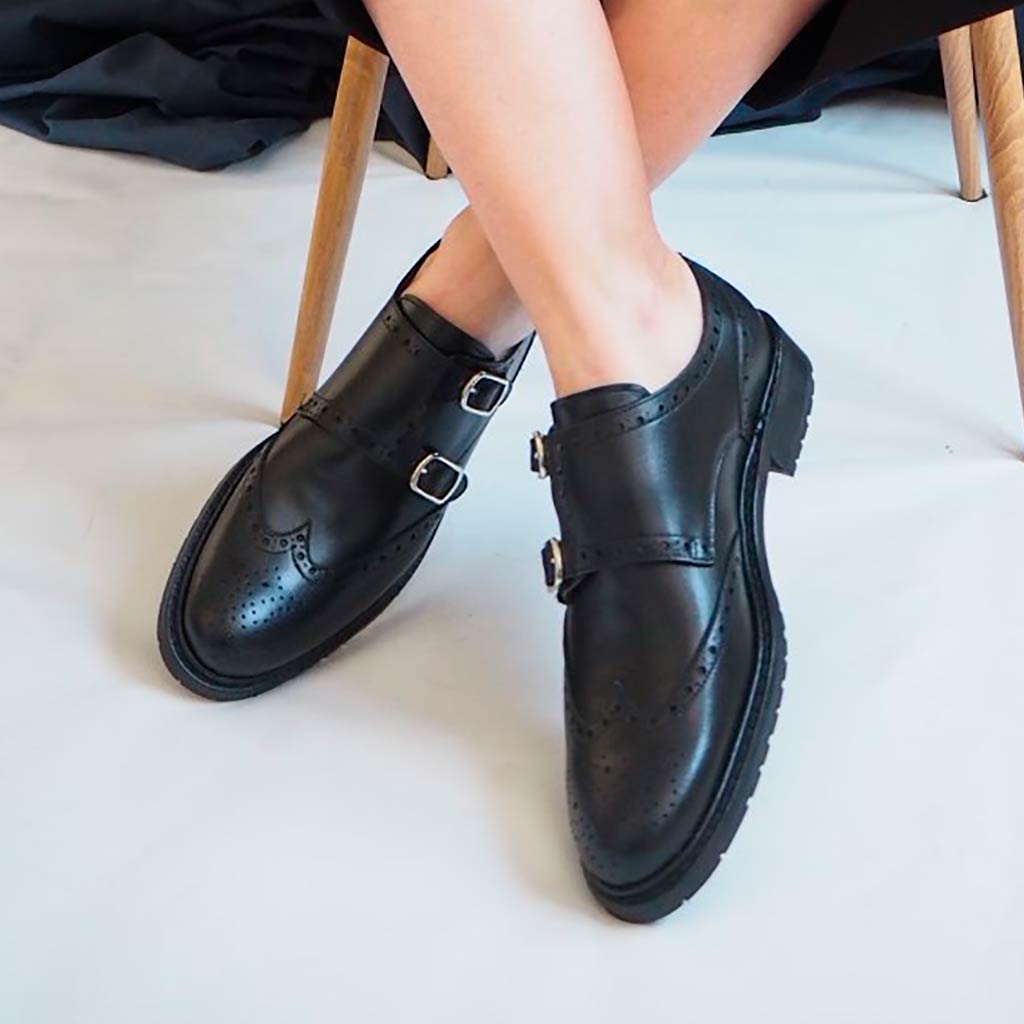 Zapatos Negros de Doble Hebilla Para Mujer June Black Brogue