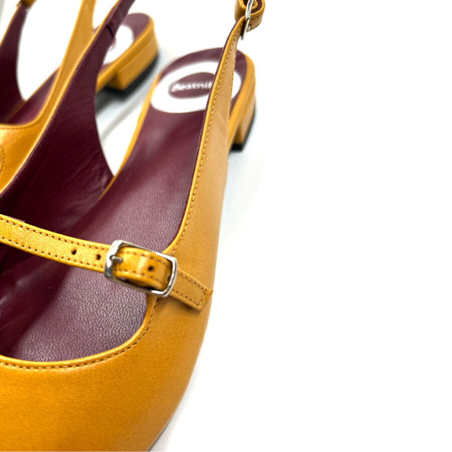 Women's ultra comfortable low heeled mustard pumps handmade in Spain from the best leather