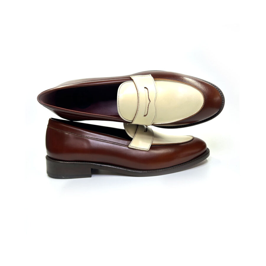 Two-tone beige and brown classic women's penny loafers in leather handmade in Spain by Beatnik Shoes Irma Beige & Brown